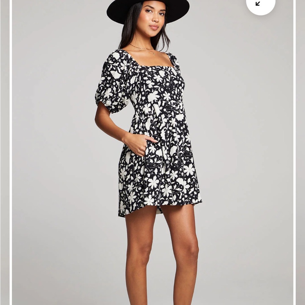 Saltwater Luxe Lyra Mini Dress Black and White Floral Dress with Puff Sleeves